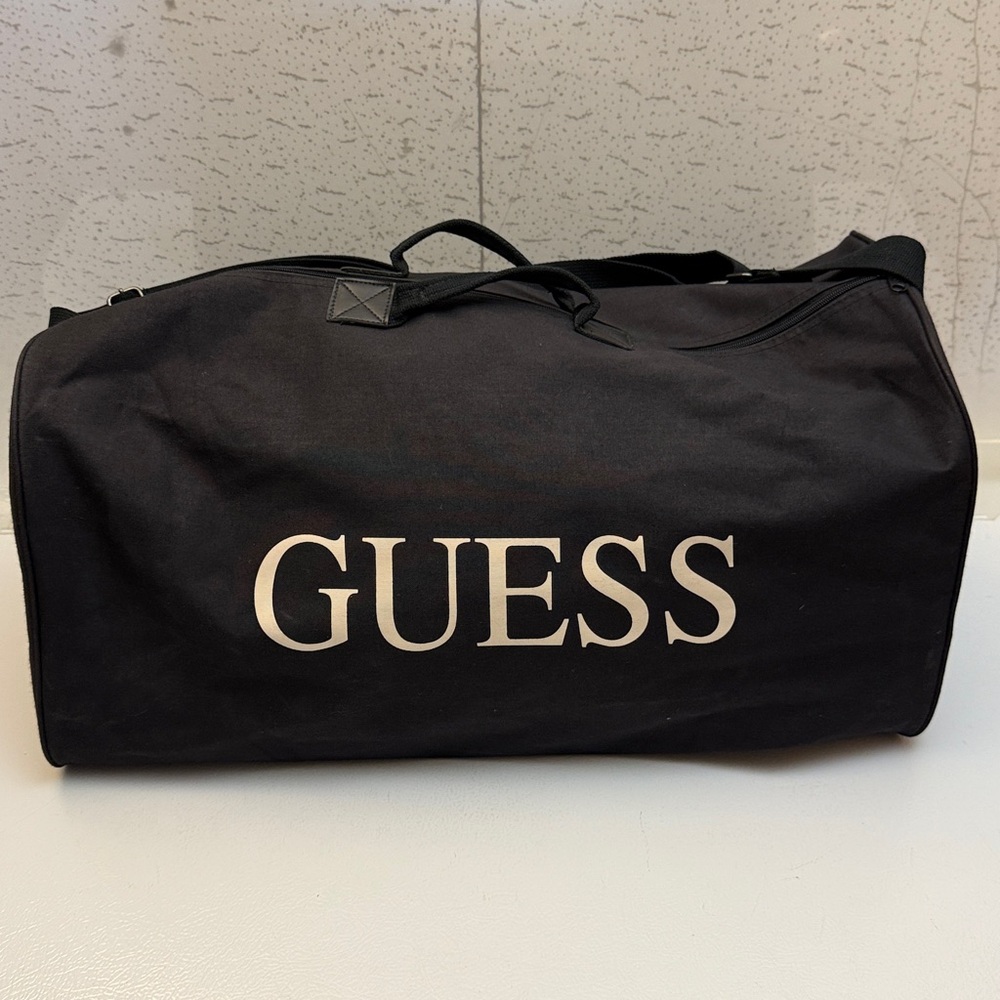 Vintage Guess 24” Black Duffel Bag Double Sided, Canvass Strap and Handles